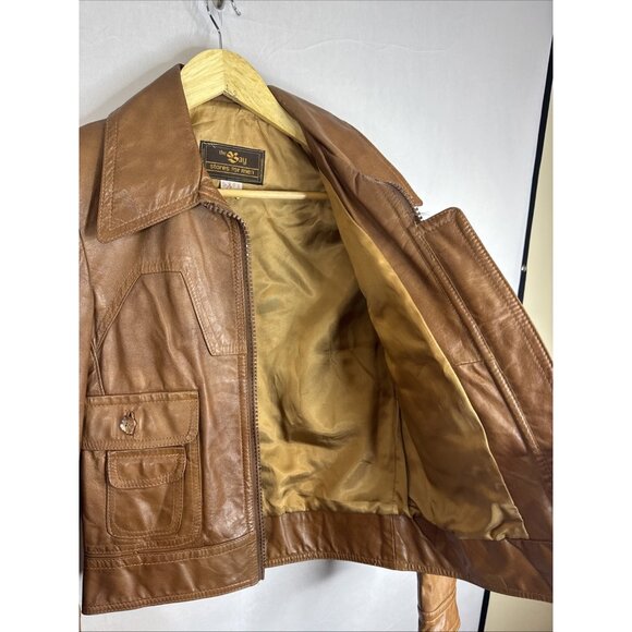 Vintage The Bay 100% Leather Jacket Men 36 Tan Bomber Style 70s Hippie - Picture 7 of 9